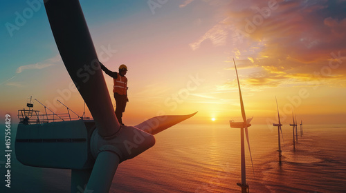 Engineer stands at top of wind turbine in sea at sunset, worker performs maintenance of windmill in ocean on sky background. Concept of energy, power, people