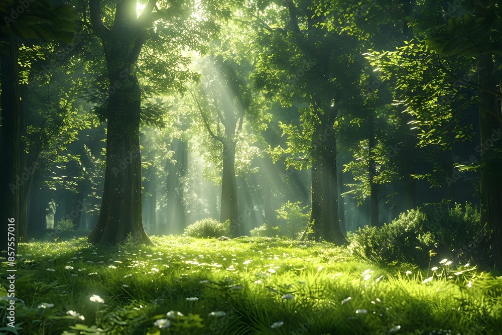 Obraz premium It is a great landscape to use as a natural background in a forest with warm light, lush trees, and green weeds.