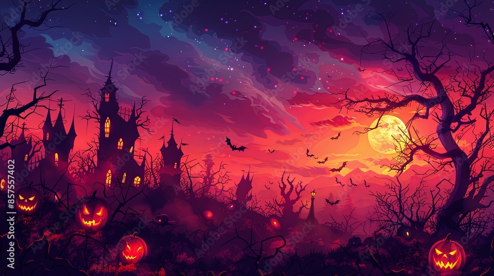 An expansive haunted landscape with silhouetted spooky houses and numerous glowing Jack-o'-lanterns under a blood-red moonlit sky, complete with flying bats. An expansive haunted landscape with silhouetted spooky houses and numerous glowing Jack-o'-lanterns under a blood-red moonlit sky, complete with flying bats.