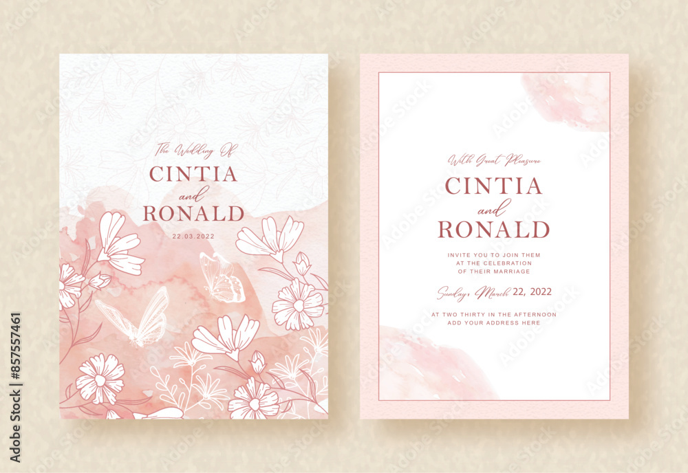 bloom flowers with pink splash watercolor on wedding invitation bloom flowers with pink splash watercolor on wedding invitation