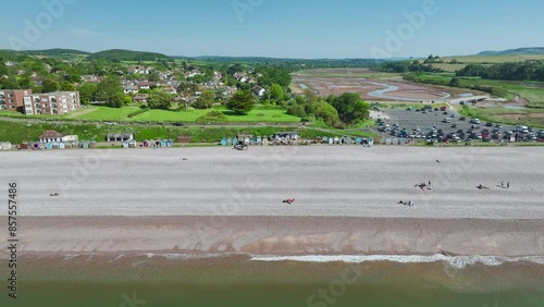 Budleigh Salterton Beach from a drone, Otter Estuary Nature Reserve, Jurassic Coast, Littleham Cove, Exmouth, Devon, England, United Kingdom photo