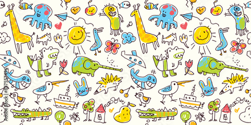 Set of baby doodles. Children funny drawings. Colored pencils scribbles made by a little kid. Set. Vector illustration. Seamless pattern