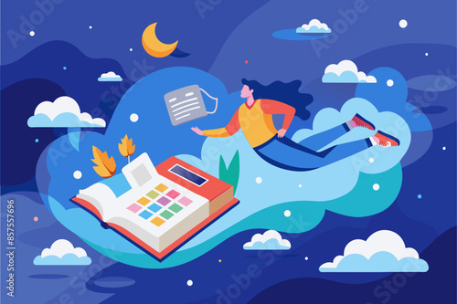 Woman reading book on cloud, man holding book.