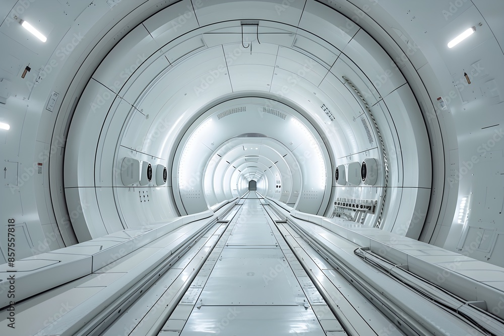 Obraz premium A pure white passageway with bright lighting and cutting-edge future technology, as if you were watching a science fiction movie.
