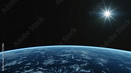Stunning View of Earth from Space with Shining Stars and Blue Atmosphere