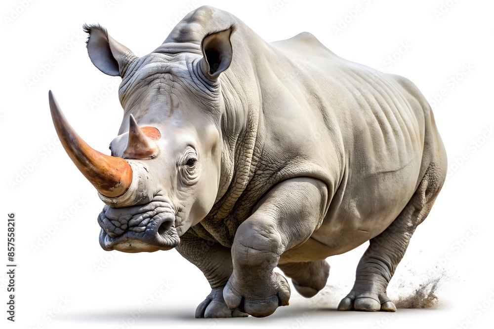 Fototapeta premium The Image Shows A White Rhinoceros Running Towards The Camera With A White Background.