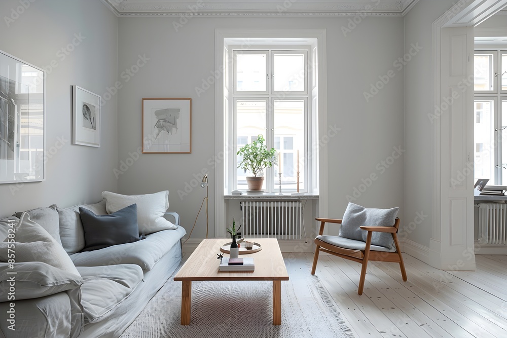 It is a typical living room interior with white It is a typical living room interior with white wallpaper, soft light coming through the window, brightly colored sofas and chairs, small and light pict It is a typical living room interior with white It is a typical living room interior with white wallpaper, soft light coming through the window, brightly colored sofas and chairs, small and light pict