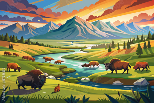 A scenic painting of bison and other animals in the mountains, showcasing the beauty of wildlife in nature.