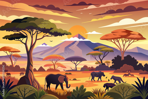 African savanna with elephants, zebras, and wildlife roaming freely.