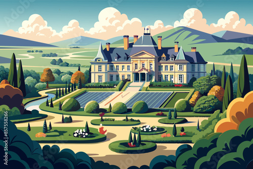 A grand mansion surrounded by lush gardens and scenic mountains in the background, Luxurious chateau nestled in the countryside with well-maintained gardens.