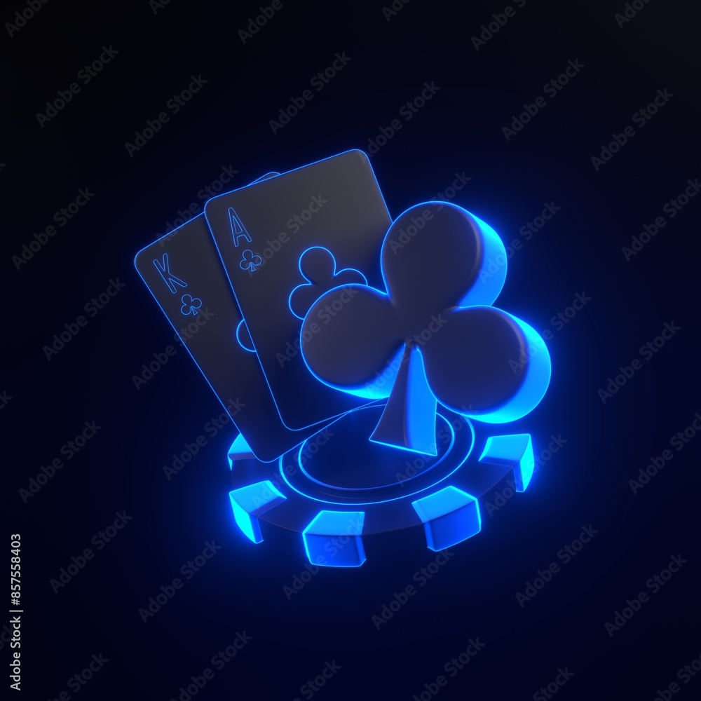 An atmospheric image showcasing an ace and king of clubs with a glowing neon blue outline, resting on a poker chip in a dark setting. 3D render illustration An atmospheric image showcasing an ace and king of clubs with a glowing neon blue outline, resting on a poker chip in a dark setting. 3D render illustration