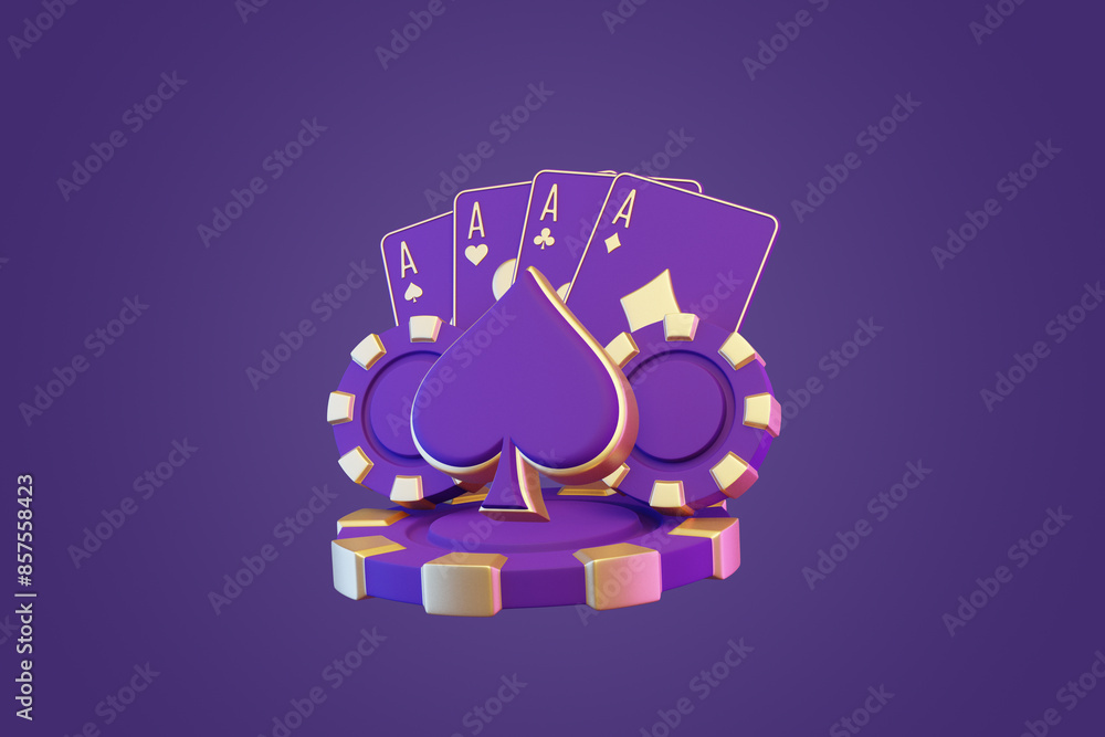 Fototapeta premium Four aces from a deck of cards with purple backing and golden edges, paired with matching casino chips