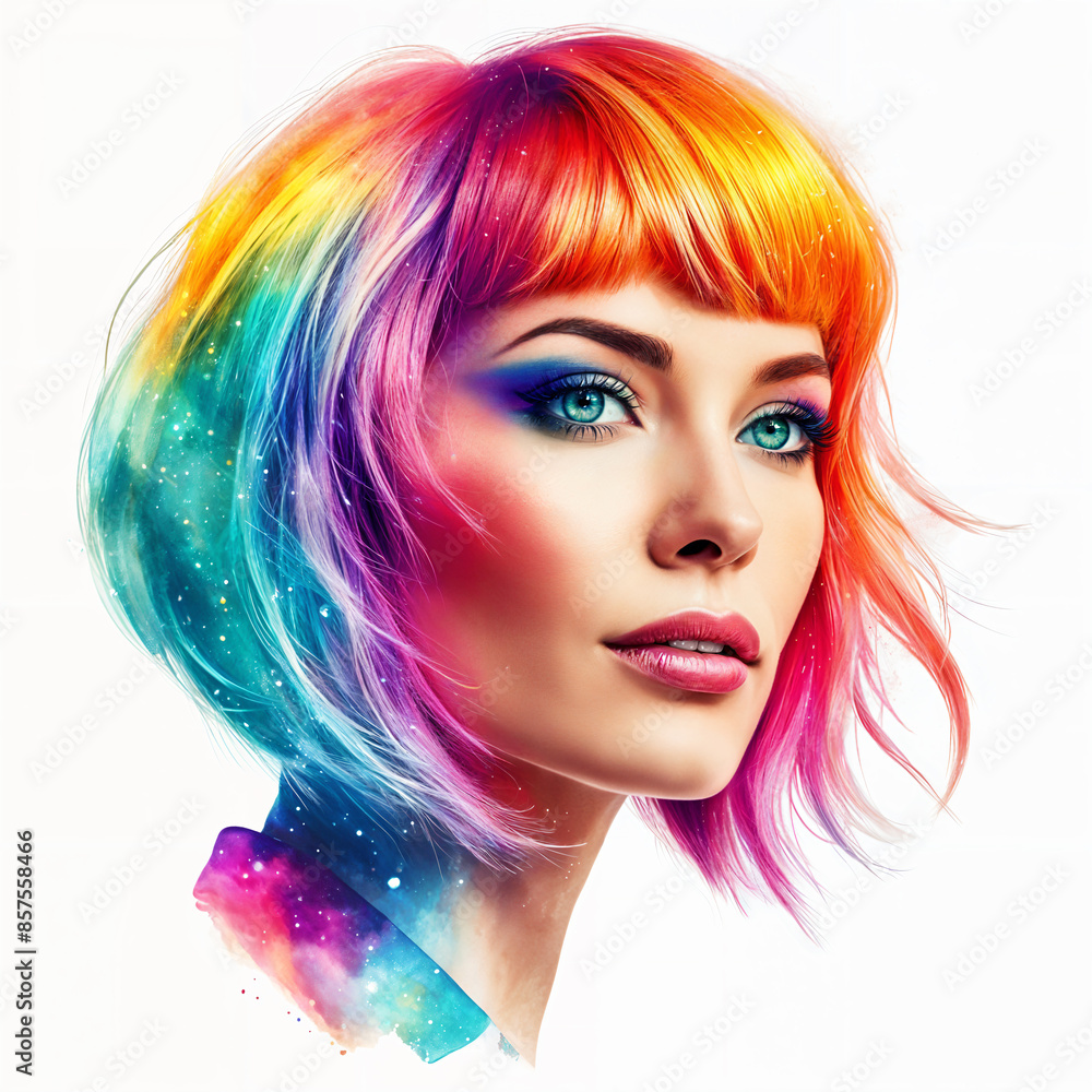 A woman with vibrant, colorful hair and makeup, set against a white background. A woman with vibrant, colorful hair and makeup, set against a white background.