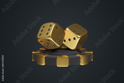 Photography Golden dice resting on a black and gold casino chip, set against a dark background, symbolizing luxury and gambling