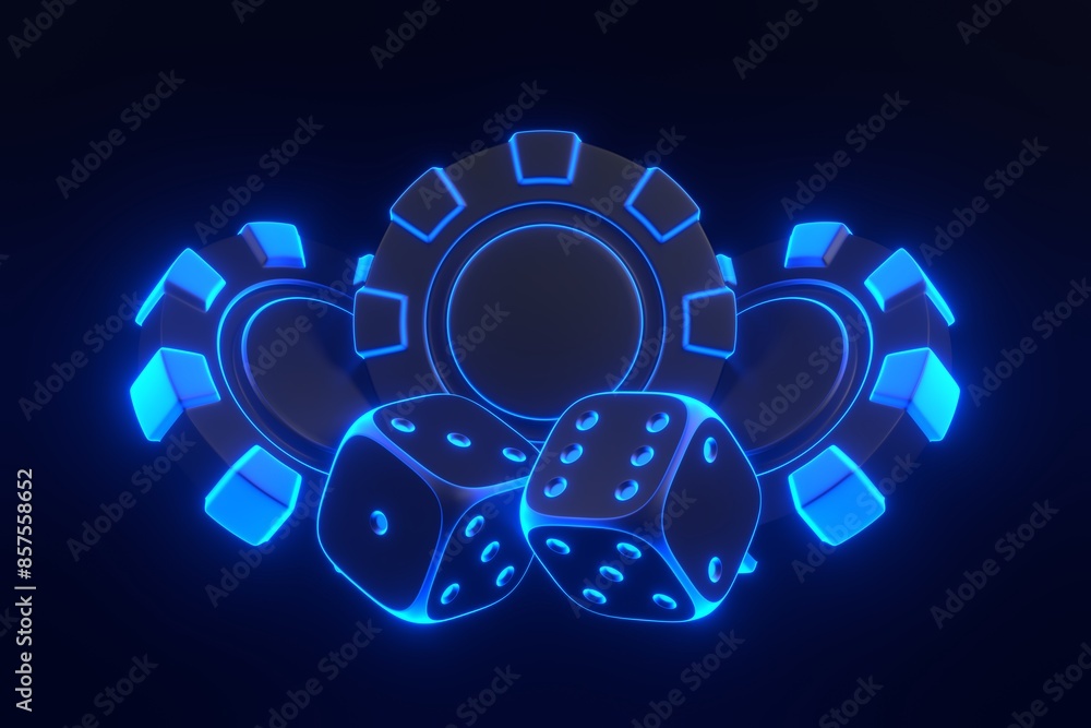 Neon blue glowing dice and poker chips on a dark background, creating a futuristic and vibrant casino theme. 3D render illustration Neon blue glowing dice and poker chips on a dark background, creating a futuristic and vibrant casino theme. 3D render illustration