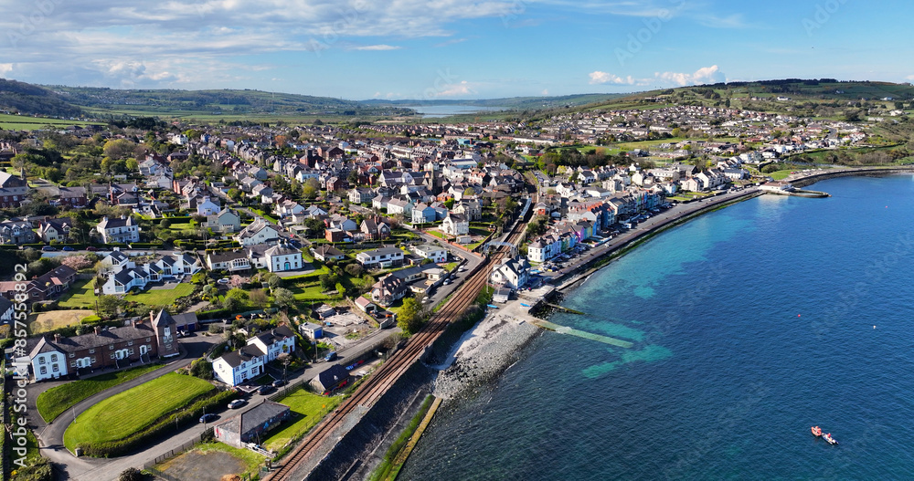Fototapeta premium Aerial view of the beautiful Whitehead Bay in Co Antrim Northern Ireland