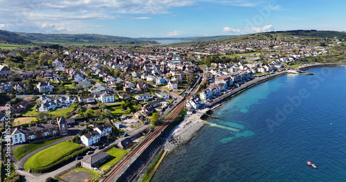 Aerial view of the beautiful Whitehead Bay in Co Antrim Northern Ireland