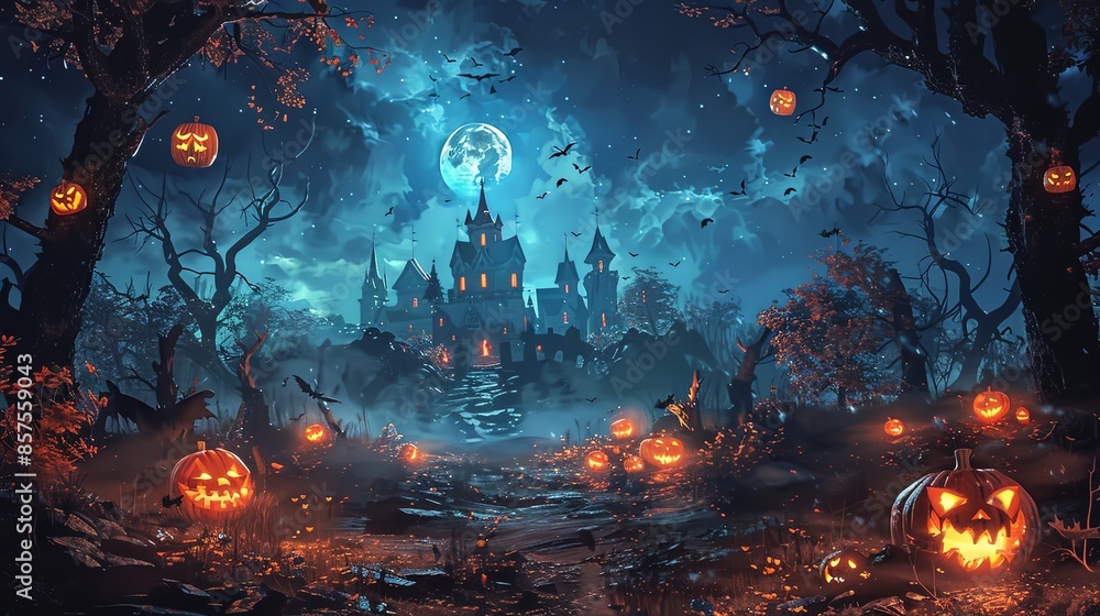 A haunted, eerie castle stands illuminated by a full moon, surrounded by glowing jack-o'-lanterns on a creepy path with eerie, bare trees and spooky atmosphere. A haunted, eerie castle stands illuminated by a full moon, surrounded by glowing jack-o'-lanterns on a creepy path with eerie, bare trees and spooky atmosphere.
