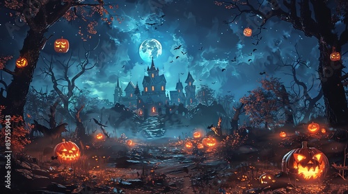 A haunted, eerie castle stands illuminated by a full moon, surrounded by glowing jack-o'-lanterns on a creepy path with eerie, bare trees and spooky atmosphere. photo