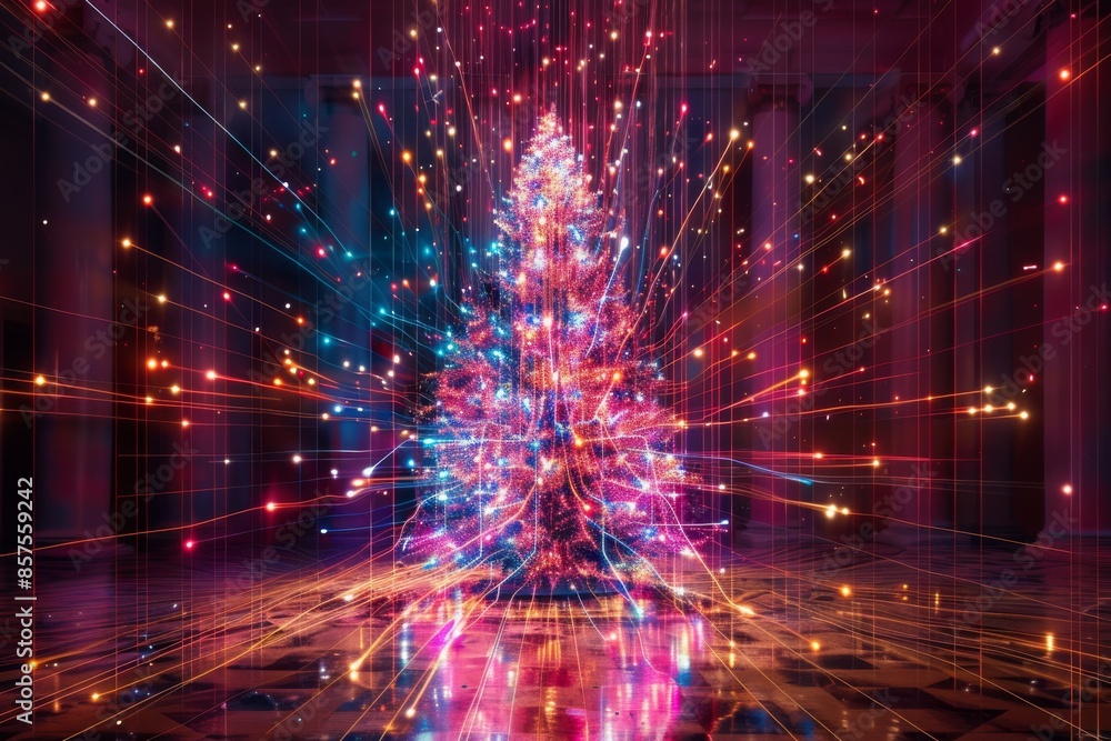 Fototapeta premium Electronic Christmas tree created with generative AI technology, colorful lights on a dark background