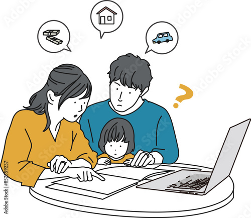 ライフプランを考える3人家族のイラスト