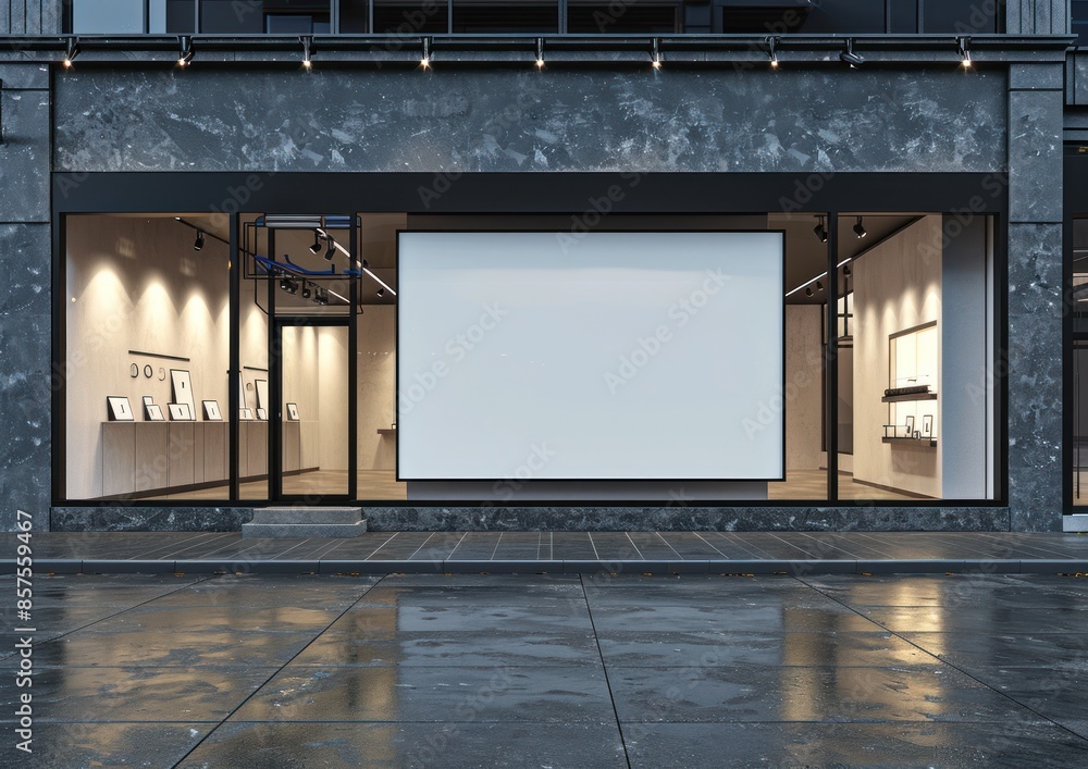 Modern Storefront with Blank Sign and Wet Pavement Modern Storefront with Blank Sign and Wet Pavement