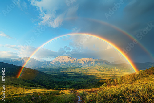 A double rainbow spans a valley, symbolizing rare natural events. Concept of weather phenomena and natural wonders. Generative Ai.
