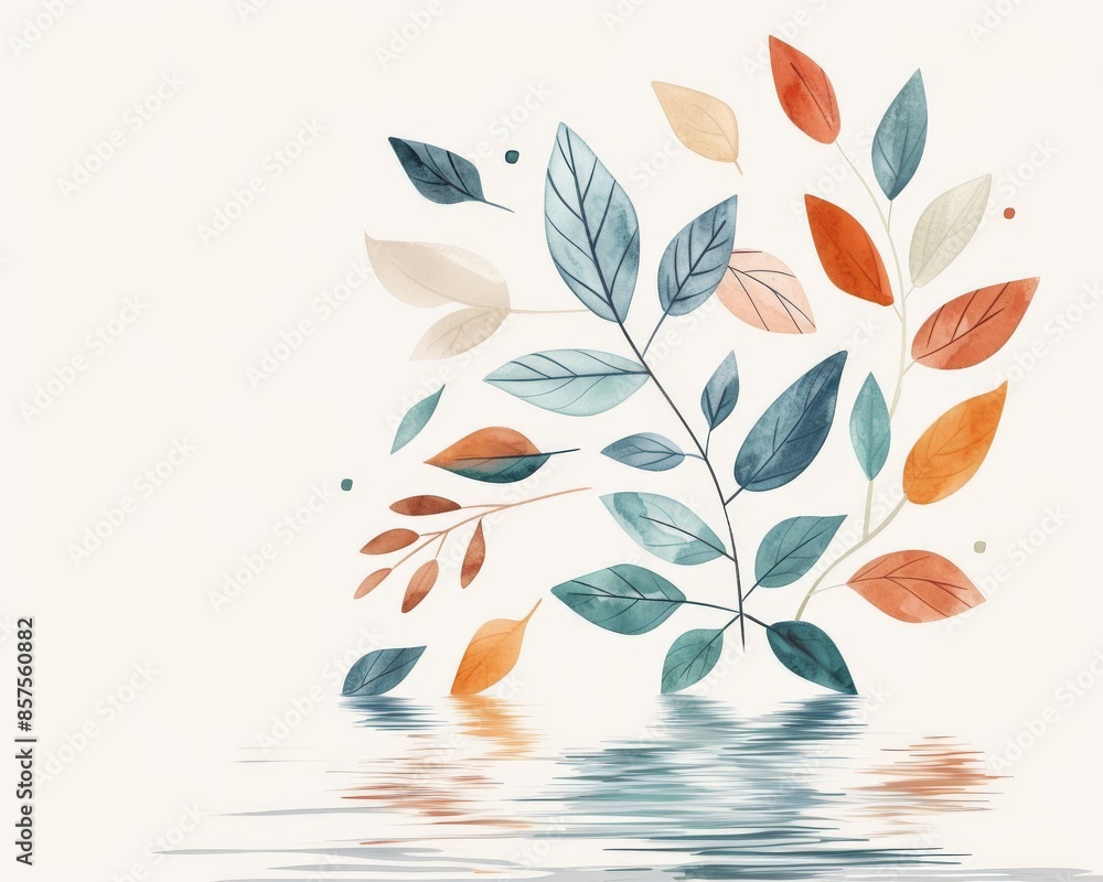 Watercolor leaves reflected in calm water, creating an abstract and peaceful design. Watercolor leaves reflected in calm water, creating an abstract and peaceful design.