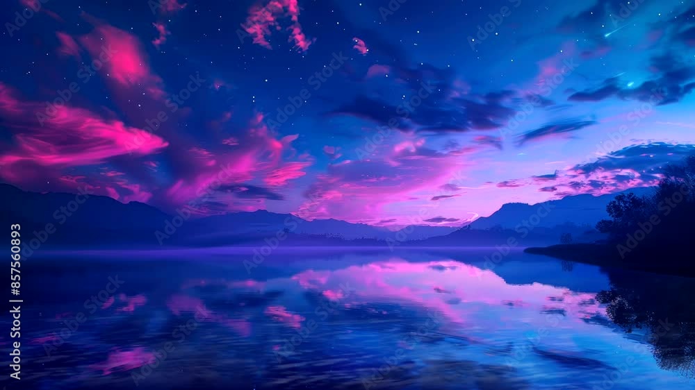 Serene twilight sky reflecting on calm lake with silhouettes of mountains and trees. Serene twilight sky reflecting on calm lake with silhouettes of mountains and trees.
