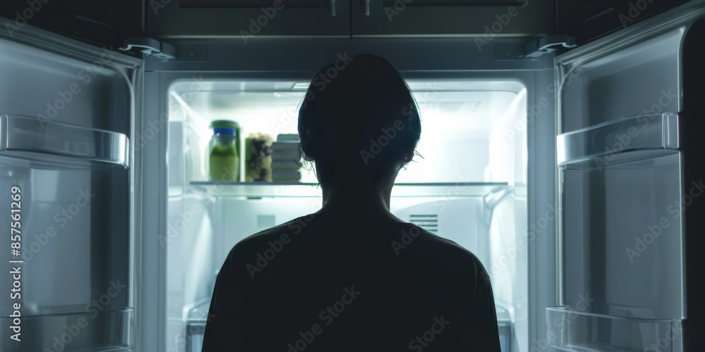 Fototapeta premium A view from behind of a person looking at an empty refrigerator, being hungry at night. No food for poor people concept