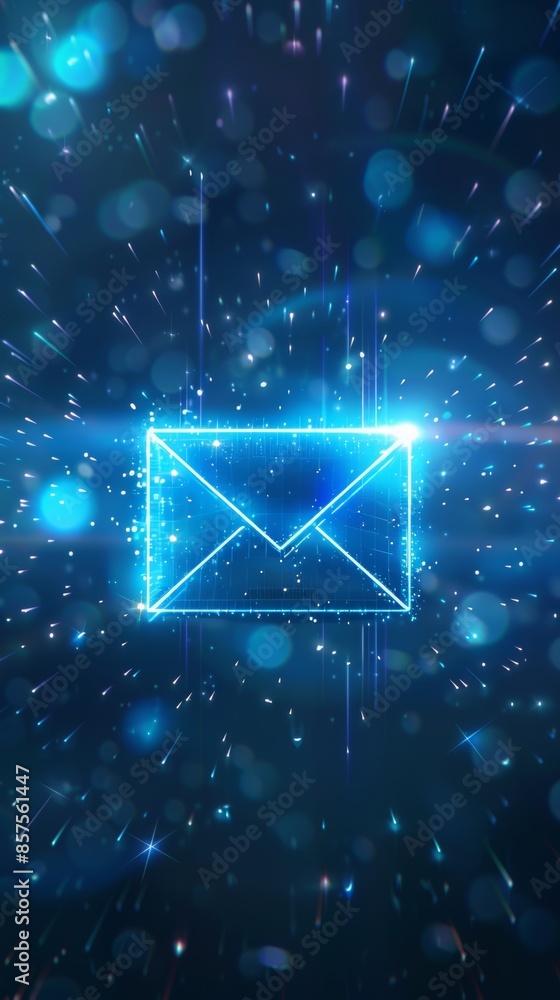 Digital glowing neon email envelope icon in futuristic blue background Digital glowing neon email envelope icon in futuristic blue background