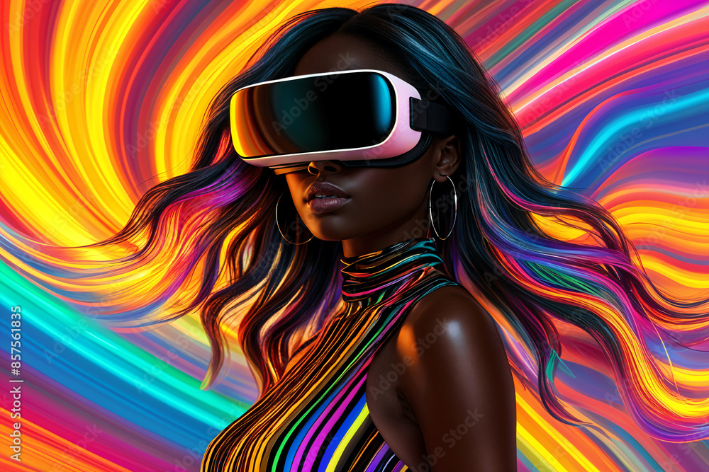 A woman with dark hair, wearing a colorful top and virtual reality goggles, set against a vibrant background of swirling colors. A woman with dark hair, wearing a colorful top and virtual reality goggles, set against a vibrant background of swirling colors.