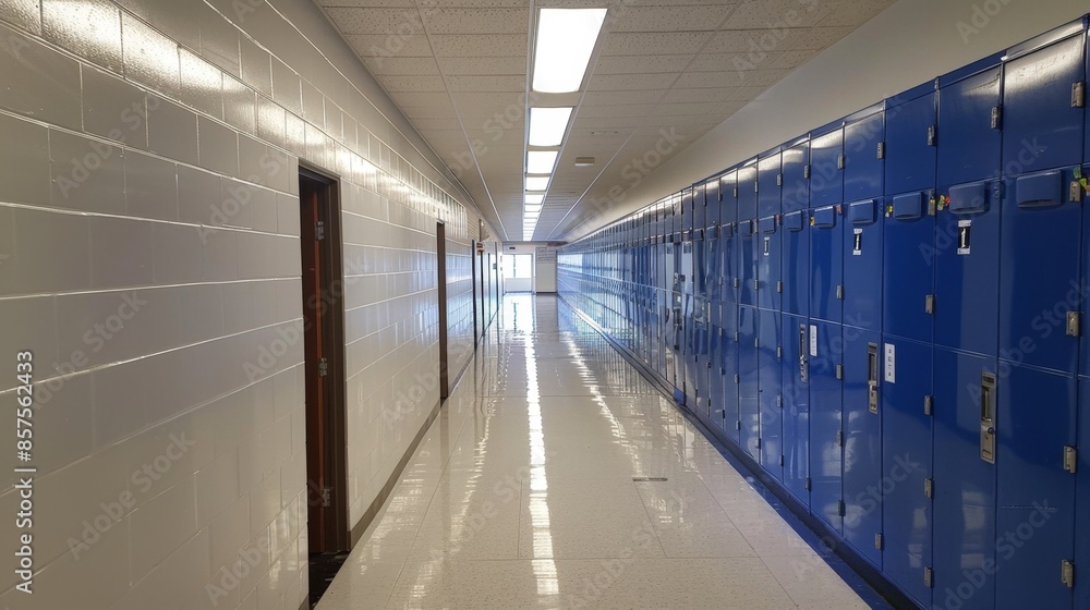 Empty School Hallway with Blue Lockers, Generative AI Empty School Hallway with Blue Lockers, Generative AI