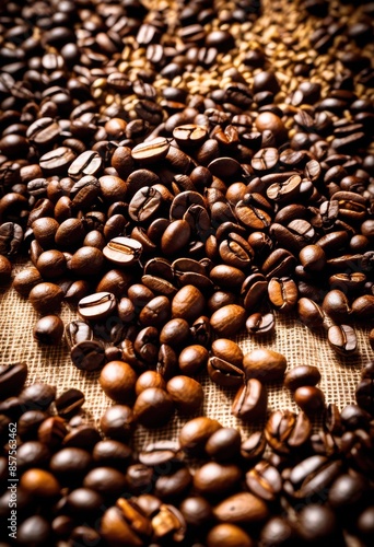 spilled coffee beans burlap organic roasted grains scattered aromatic espresso ingredients messy display, sackcloth, background, texture, brown, natural, fresh