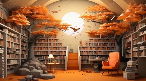 The entrance of a library featuring a paper art display of famous literary quotes and characters, meticulously crafted to inspire readers as they walk in. Illustration, Minimalism,