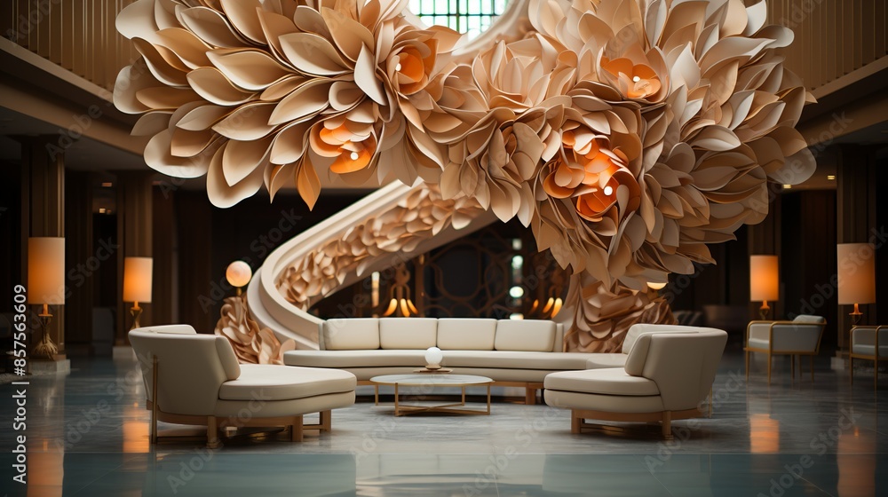 The lobby of a hotel with an impressive paper art chandelier, composed ...