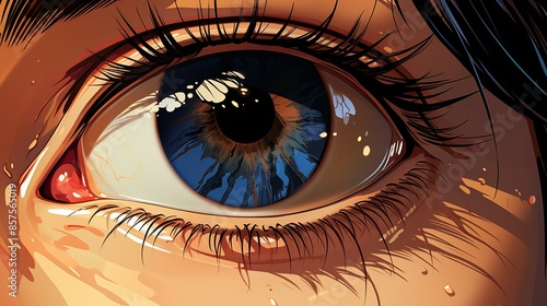 A close-up of a personâ€™s eye with a single tear falling, set against a blurred background of a family gathering, highlighting hidden sorrow amidst apparent joy. Illustration, Minimalism,