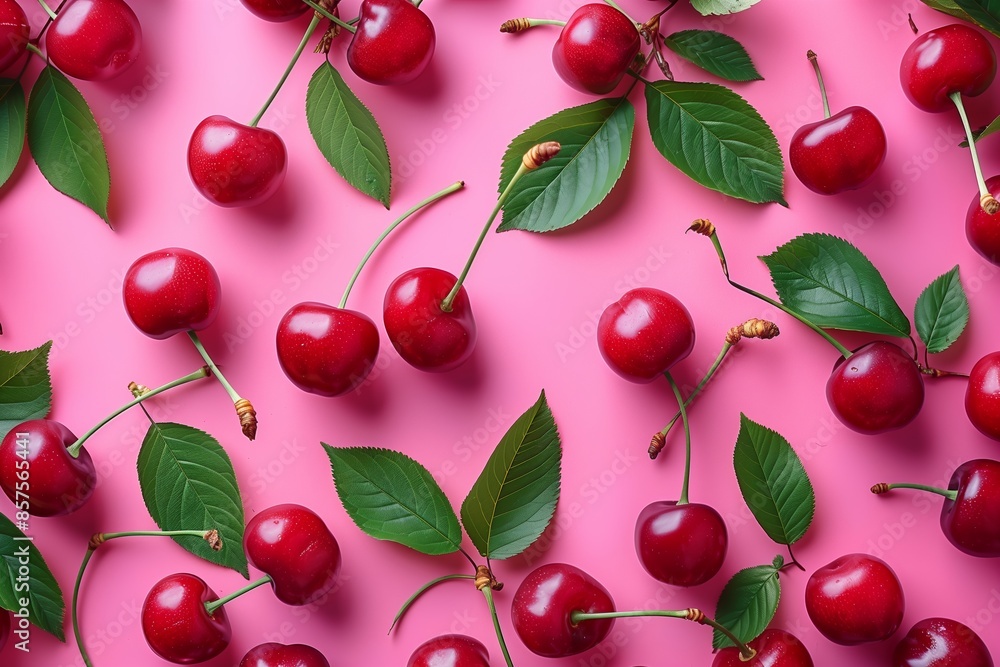 Cherries on Pink Background: Top View Flat Lay Ripe Berries Palette Cherries on Pink Background: Top View Flat Lay Ripe Berries Palette