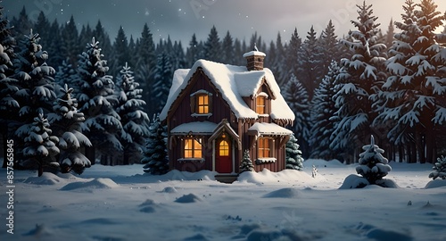 Christmas house in the snowy winter forest. Christmas decoration, copy space. Banners and posters. Generative AI