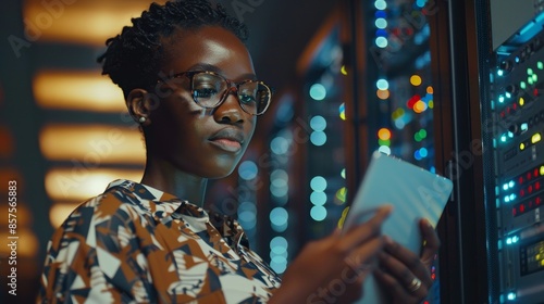 Black woman engineer checks server motherboard for IT code and network analytics.