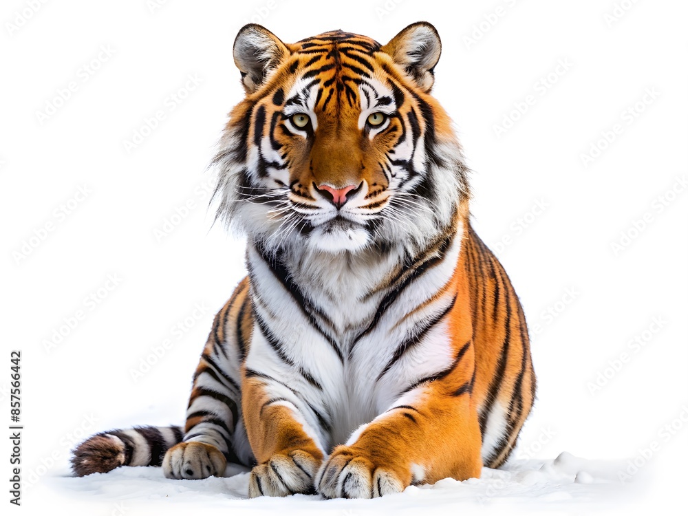 Fototapeta premium A Powerful Siberian Tiger Sits On The Snow, Staring Intently With Its Mesmerizing Green Eyes.