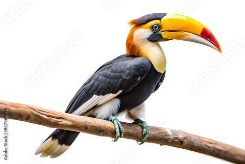 A Colorful Toucan Bird With A Yellow And Red Beak Perched On A Branch Isolated On A White Background. © Adisorn