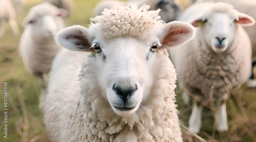 White fluffy sheep farm portrait looking at camera White fluffy sheep farm portrait looking at camera