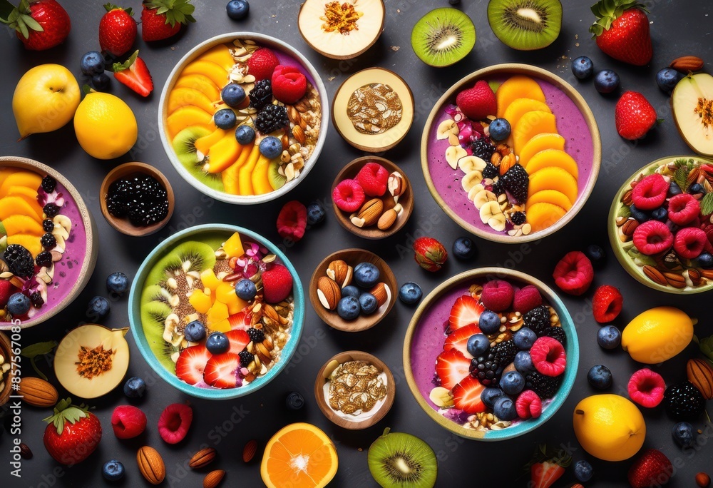 vibrant smoothie bowls adorned intricate toppings healthy breakfast, colorful, delicious, fresh, fruit, nutritious, edible, decorative, wholesome vibrant smoothie bowls adorned intricate toppings healthy breakfast, colorful, delicious, fresh, fruit, nutritious, edible, decorative, wholesome