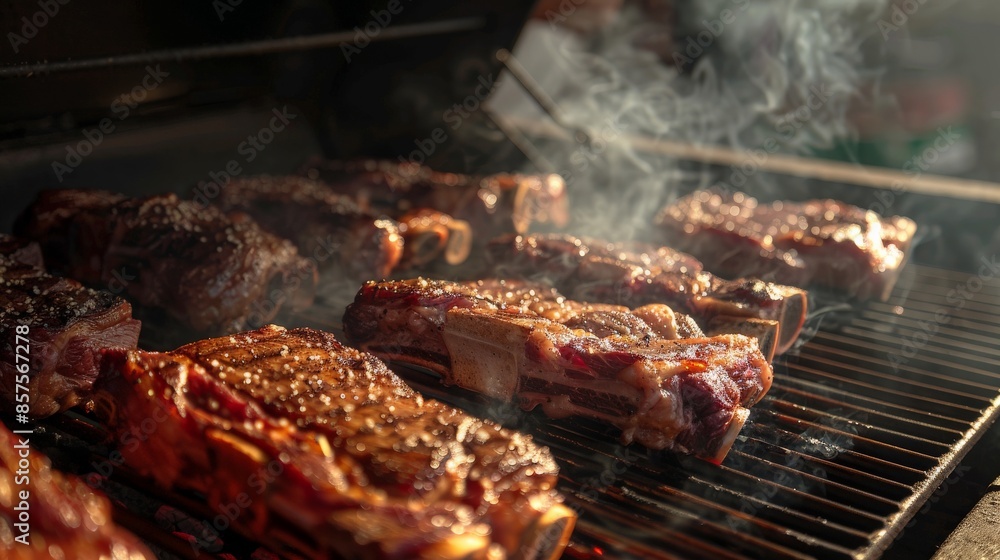 Outdoor barbecue with multiple steaks on the grill, smoke rising Outdoor barbecue with multiple steaks on the grill, smoke rising