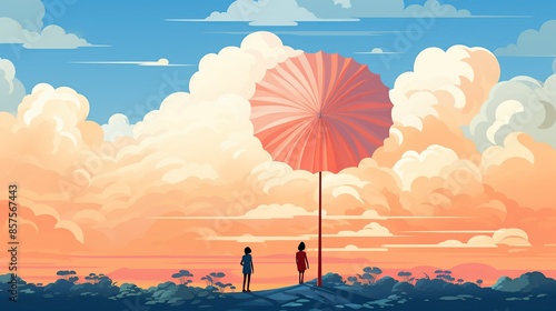 An illustration of a young child with a rainbow umbrella shielding them from a rainstorm of negative words, symbolizing resilience and protection against negativity. Illustration, Minimalism, photo