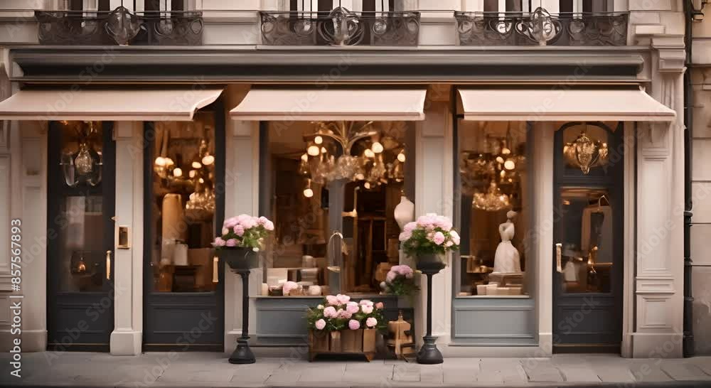 Classic French vintage commercial storefront, chic vintage boutique facade