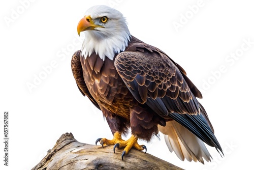 A Bald Eagle Perched On A Branch, Isolated On A White Background.