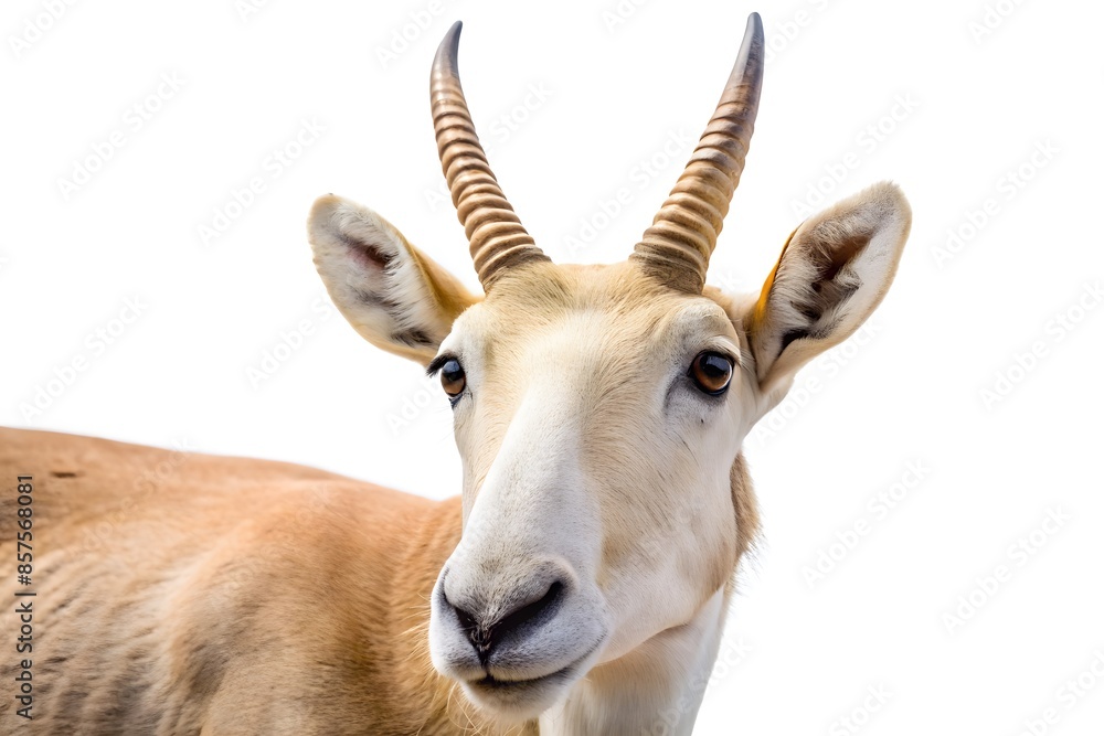 Close Up Portrait Of A Female Saiga Antelope Isolated On White Background Close Up Portrait Of A Female Saiga Antelope Isolated On White Background