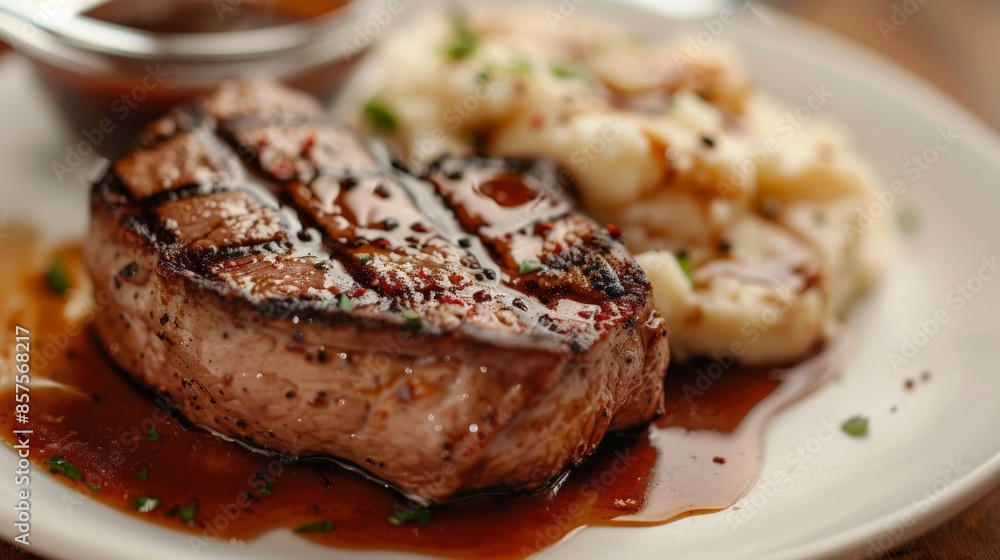 Steak with a side of creamy mashed potatoes and gravy Steak with a side of creamy mashed potatoes and gravy